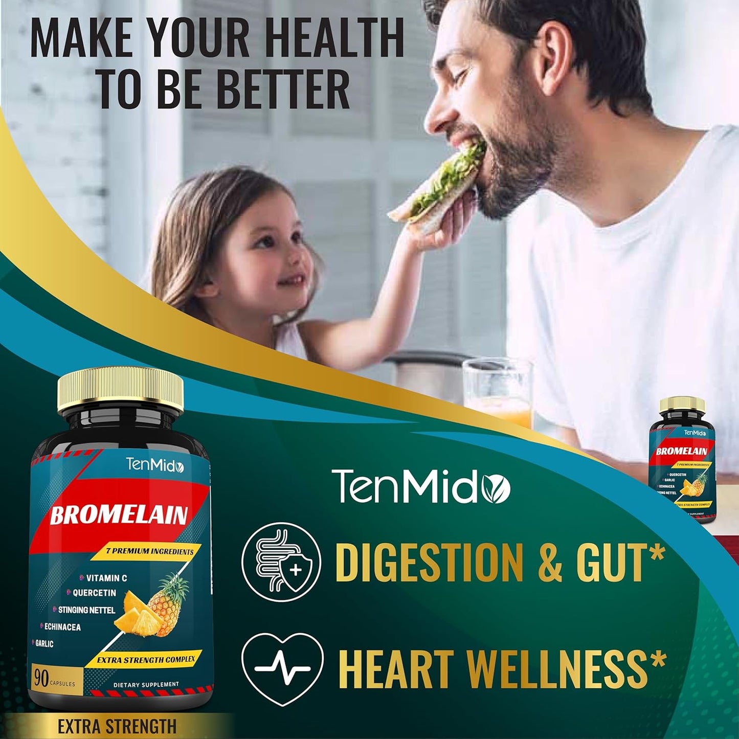 Bromelain Extract Capsules with Proteolytic Enzymes, VitC, Quercetin, Echinacea, Garlic, Pepper - Supports Digestion & Nutrient Absorption - 90caps