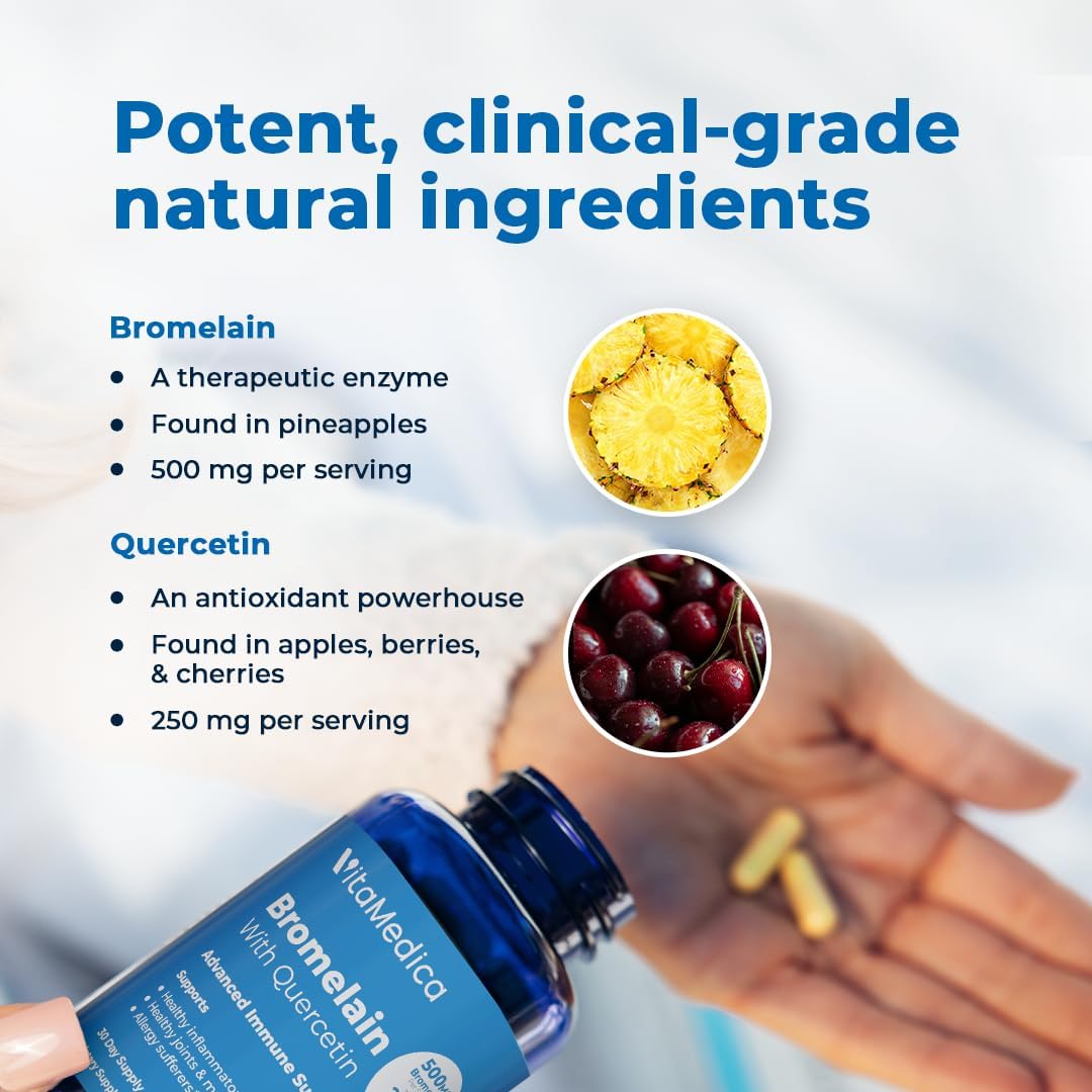 Bromelain & Quercetin Supplement - 500mg Bromelain & 250mg Quercetin - Immunity, Joint Support, Inflammation - 60 Vegan Capsules