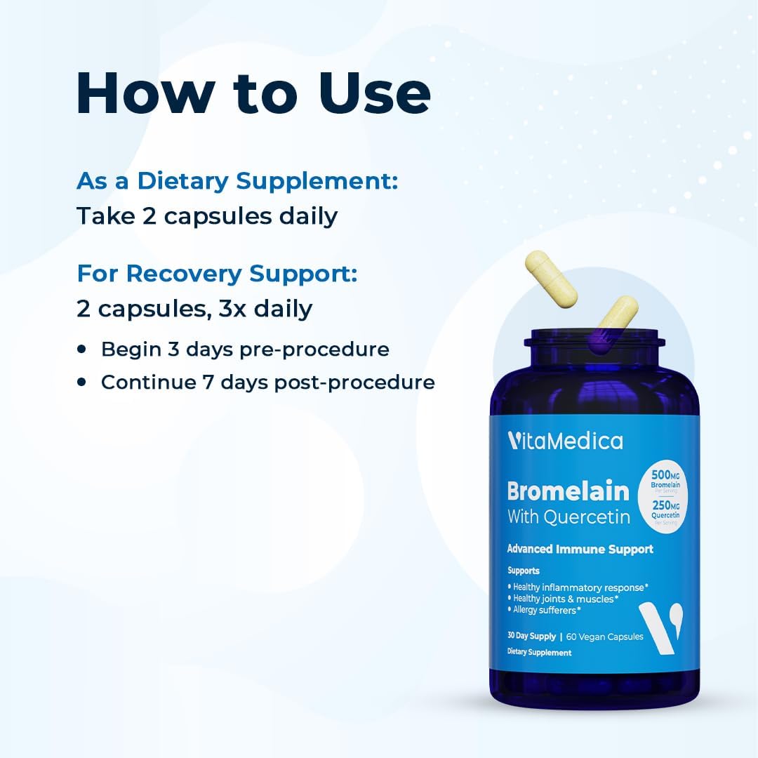 Bromelain & Quercetin Supplement - 500mg Bromelain & 250mg Quercetin - Immunity, Joint Support, Inflammation - 60 Vegan Capsules