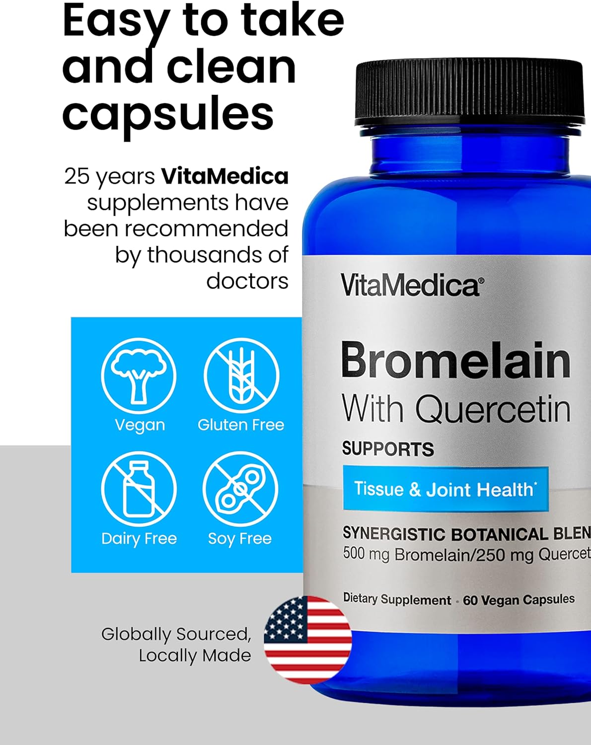 Bromelain & Quercetin Supplement - 500mg Bromelain & 250mg Quercetin - Immunity, Joint Support, Inflammation - 60 Vegan Capsules