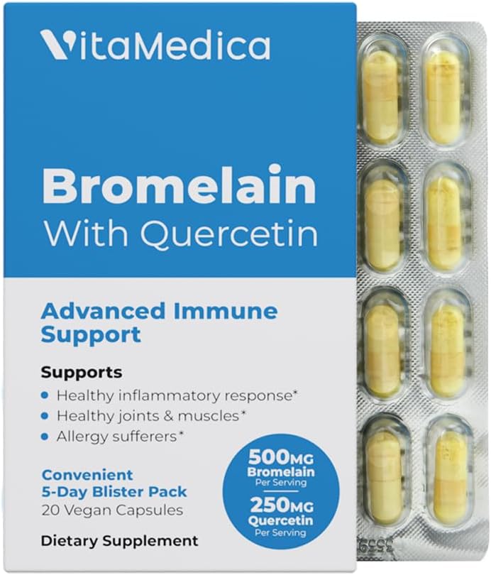 Bromelain & Quercetin Supplement for Immunity, Joints, Inflammation - 500mg & 250mg - 2400 GDU - 20 Vegan Capsules