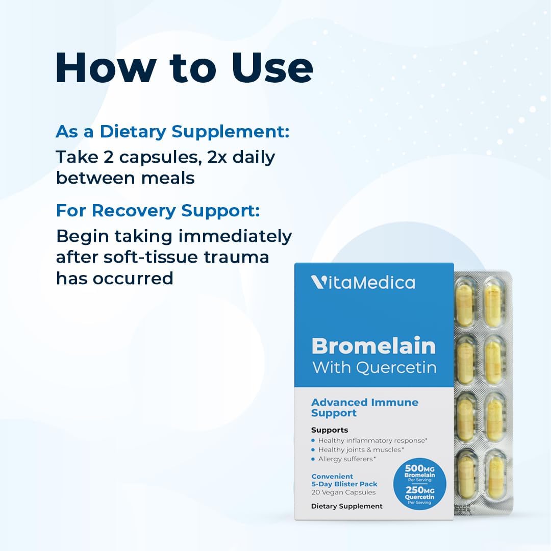 Bromelain & Quercetin Supplement for Immunity, Joints, Inflammation - 500mg & 250mg - 2400 GDU - 20 Vegan Capsules