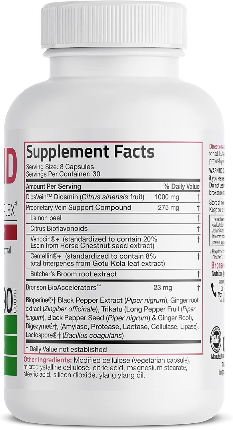Bronson Diosmin 1000mg VeinAid Capsules with DiosVein, Venocin, and Centellin - 90 Vegetarian Capsules