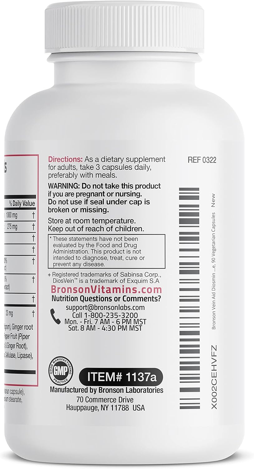 Bronson Diosmin 1000mg VeinAid Capsules with DiosVein, Venocin, and Centellin - 90 Vegetarian Capsules