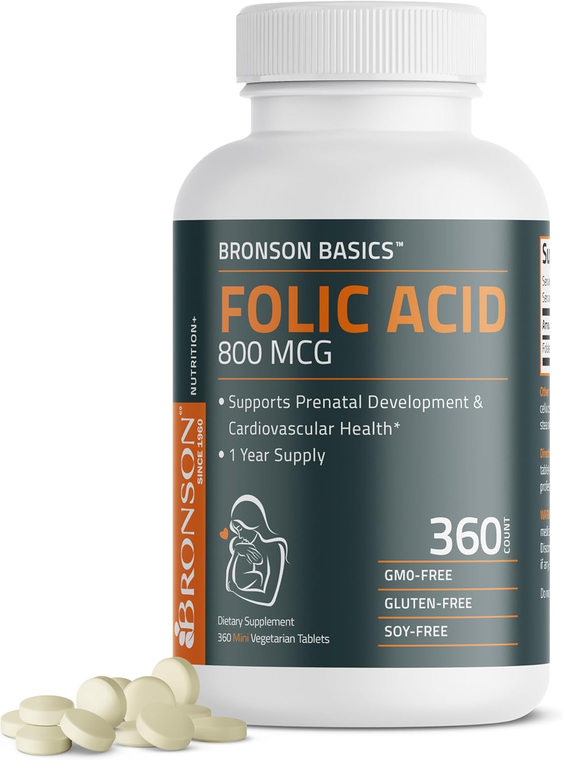 Bronson Folic Acid 800 MCG Tablets for Prenatal Development - 1 Year Supply, Non-GMO - 360 Tablets