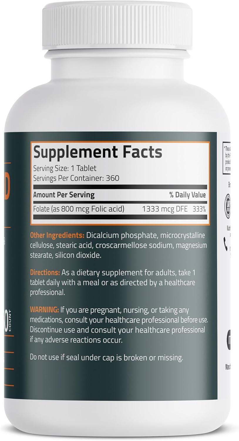 Bronson Folic Acid 800 MCG Tablets for Prenatal Development - 1 Year Supply, Non-GMO - 360 Tablets