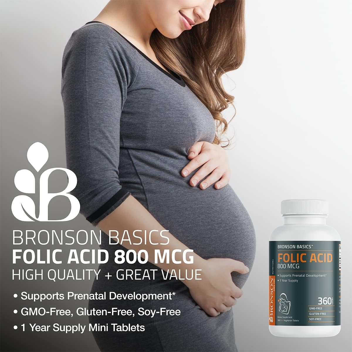 Bronson Folic Acid 800 MCG Tablets for Prenatal Development - 1 Year Supply, Non-GMO - 360 Tablets