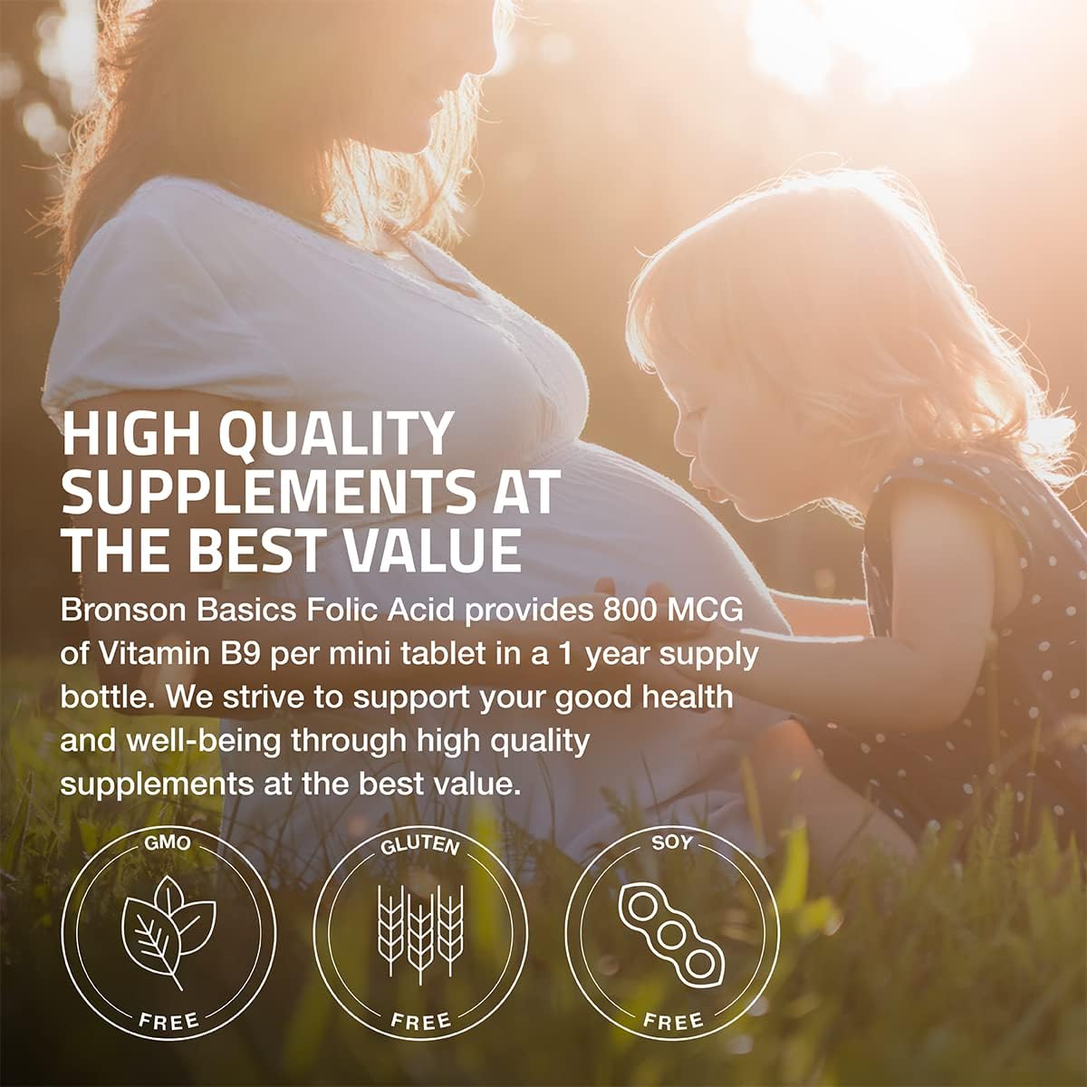 Bronson Folic Acid 800 MCG Tablets for Prenatal Development - 1 Year Supply, Non-GMO - 360 Tablets