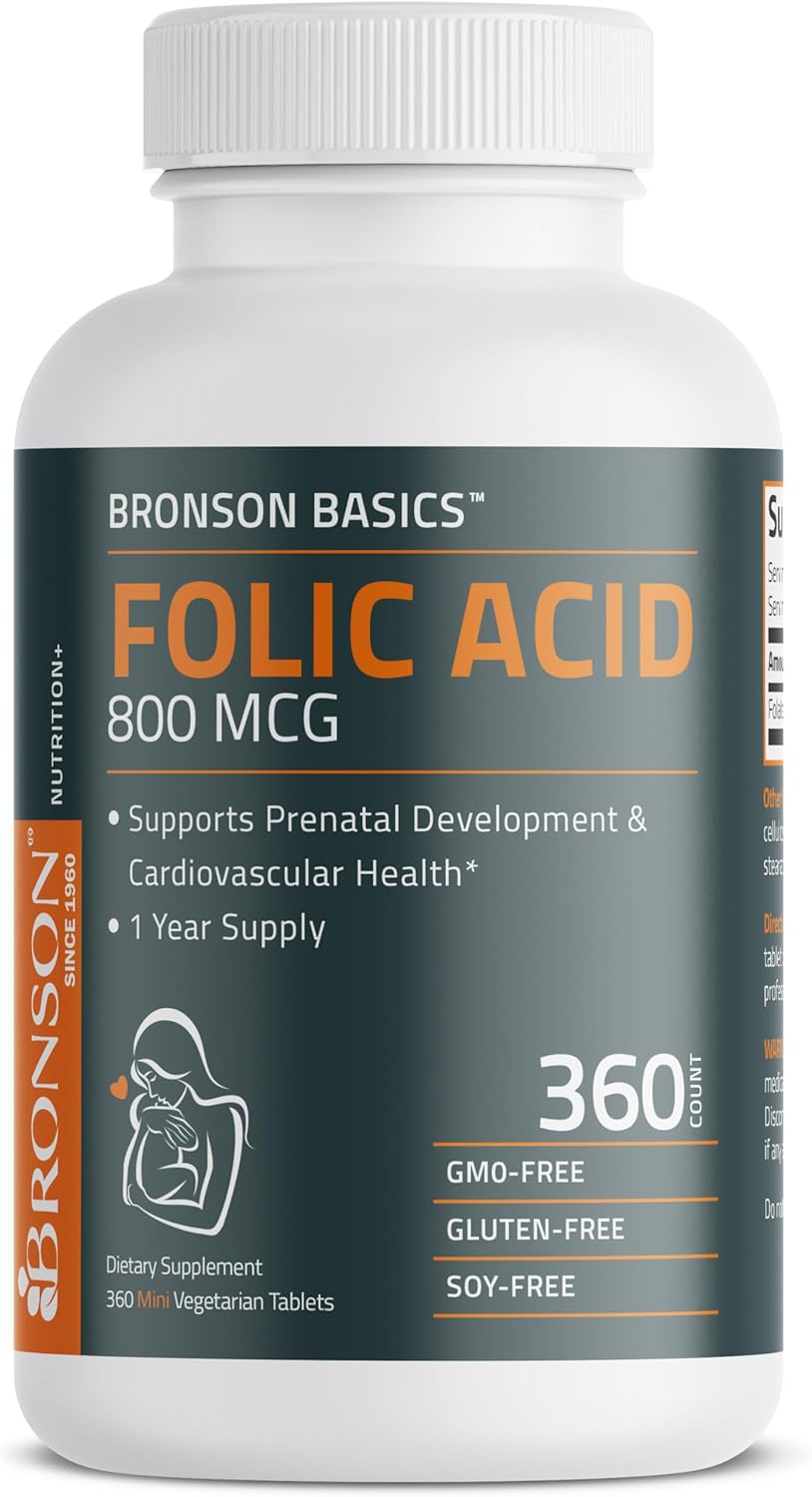 Bronson Folic Acid 800 MCG Tablets for Prenatal Development - 1 Year Supply, Non-GMO - 360 Tablets