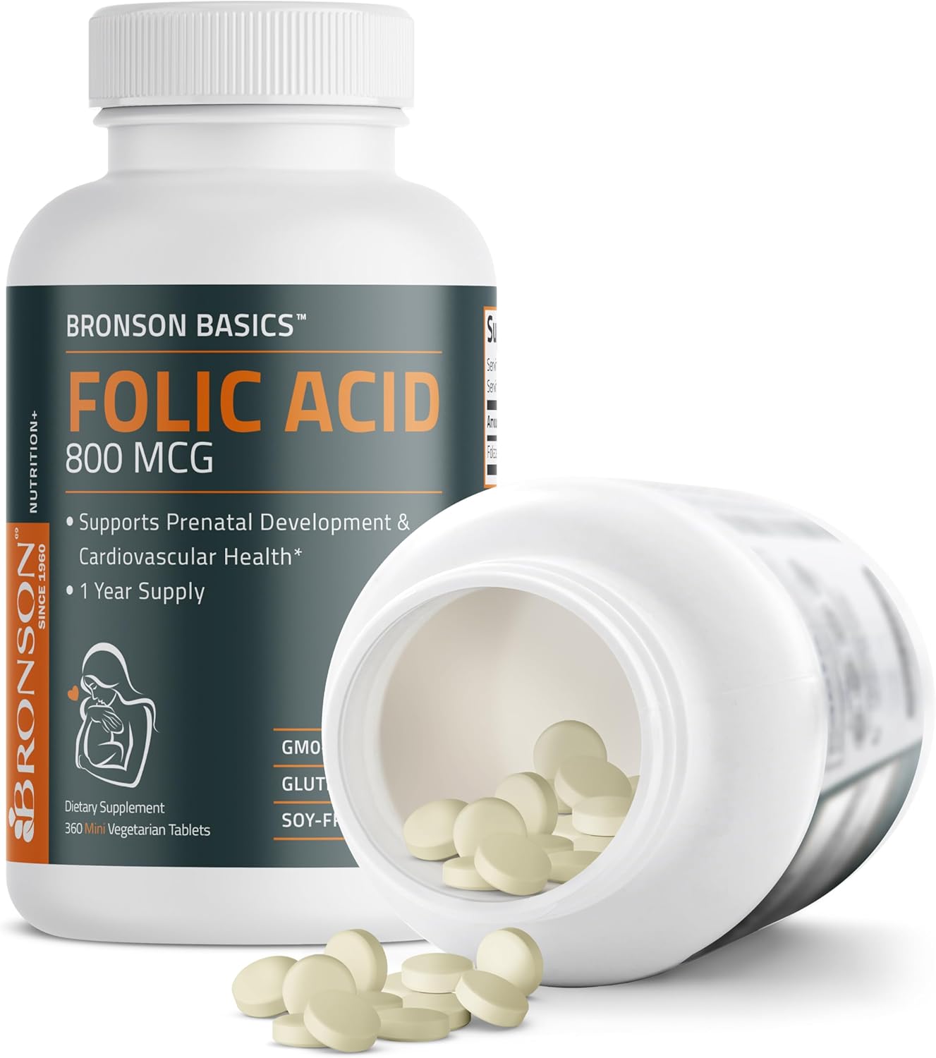 Bronson Folic Acid 800 MCG Tablets for Prenatal Development - 1 Year Supply, Non-GMO - 360 Tablets