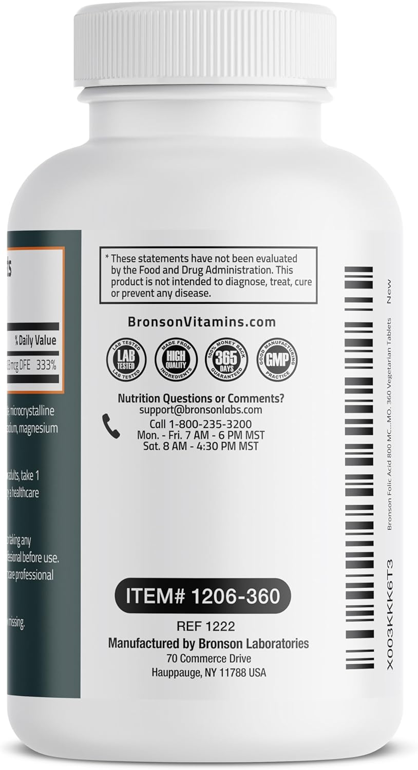 Bronson Folic Acid 800 MCG Tablets for Prenatal Development - 1 Year Supply, Non-GMO - 360 Tablets