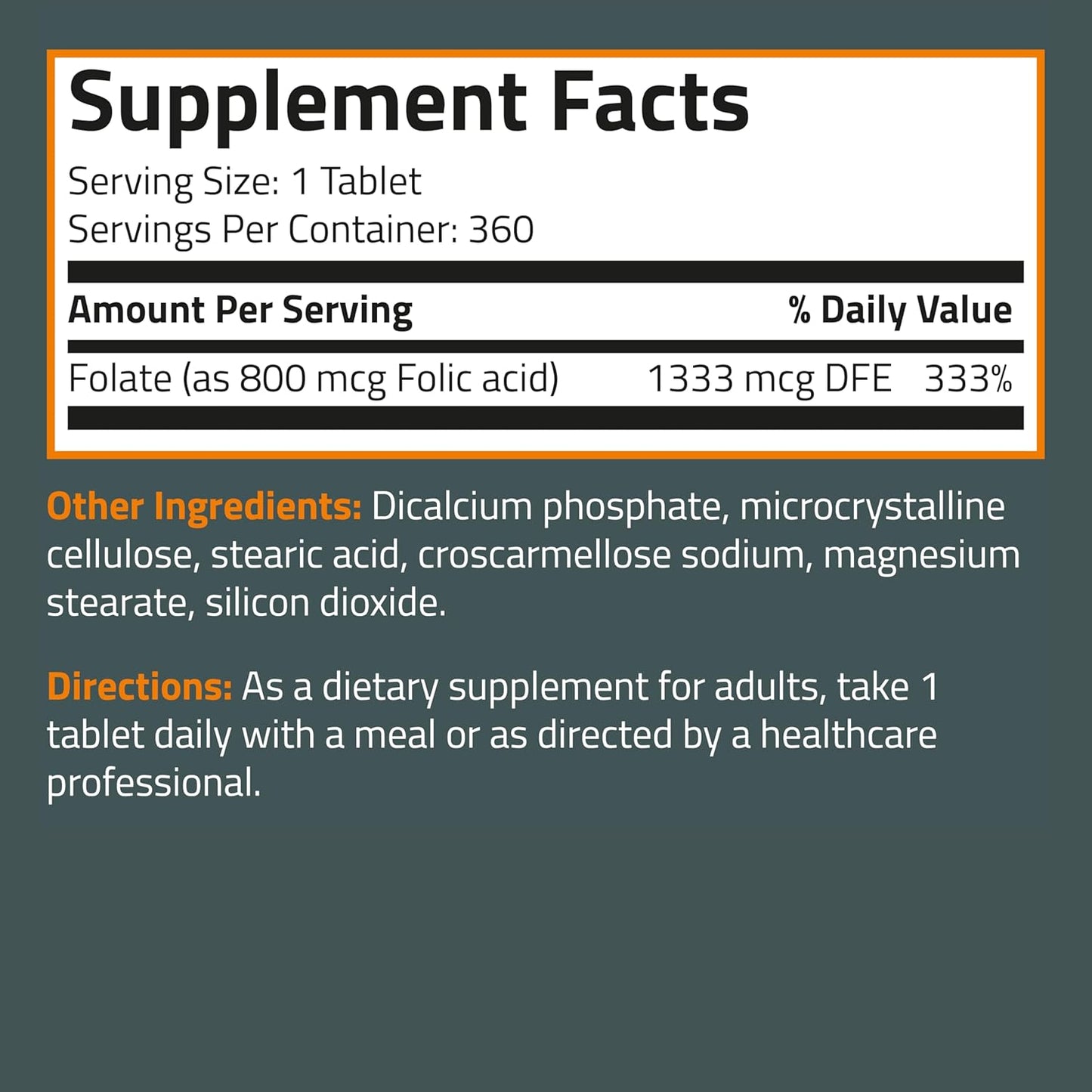 Bronson Folic Acid 800 MCG Tablets for Prenatal Development - 1 Year Supply, Non-GMO - 360 Tablets