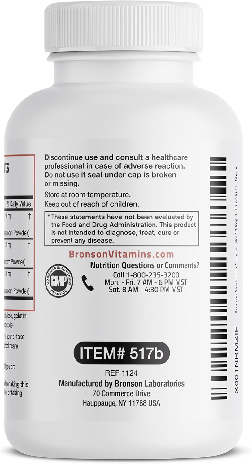 Bronson Full Spectrum Mushroom Complex Capsules - 600mg - 120 Count - Immune System Support with Maitake, Reishi, Shiitake - Antioxidant Booster