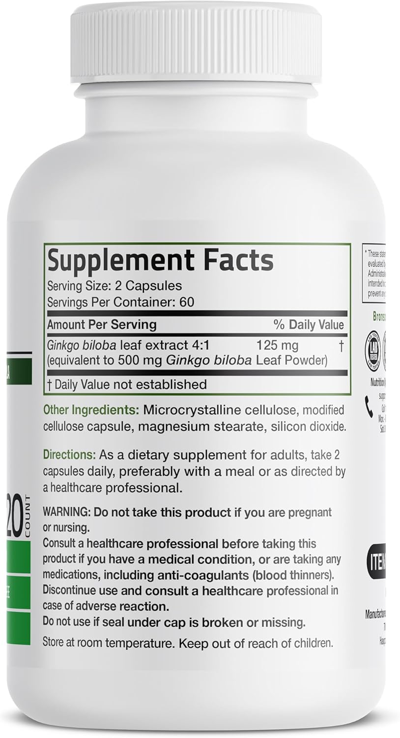 Bronson Ginkgo Biloba Extra Strength Capsules for Brain Function & Memory Support - 120 Vegetarian Capsules
