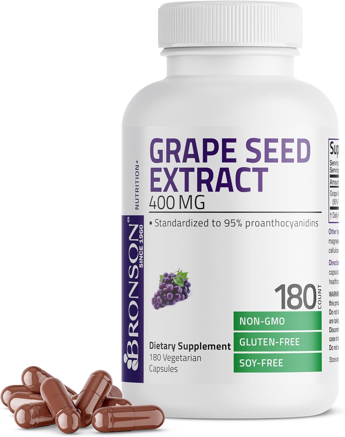 Bronson Grape Seed Extract 400 mg - High Antioxidant & Immune Boost - 95% Proanthocyanidins - Non GMO, 180 Veg Caps