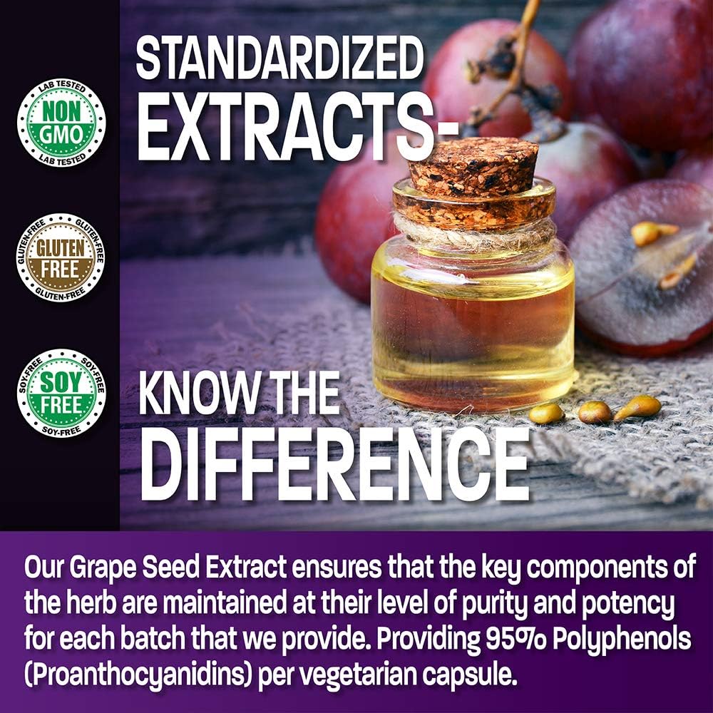 Bronson Grape Seed Extract 400 mg - High Antioxidant & Immune Boost - 95% Proanthocyanidins - Non GMO, 180 Veg Caps