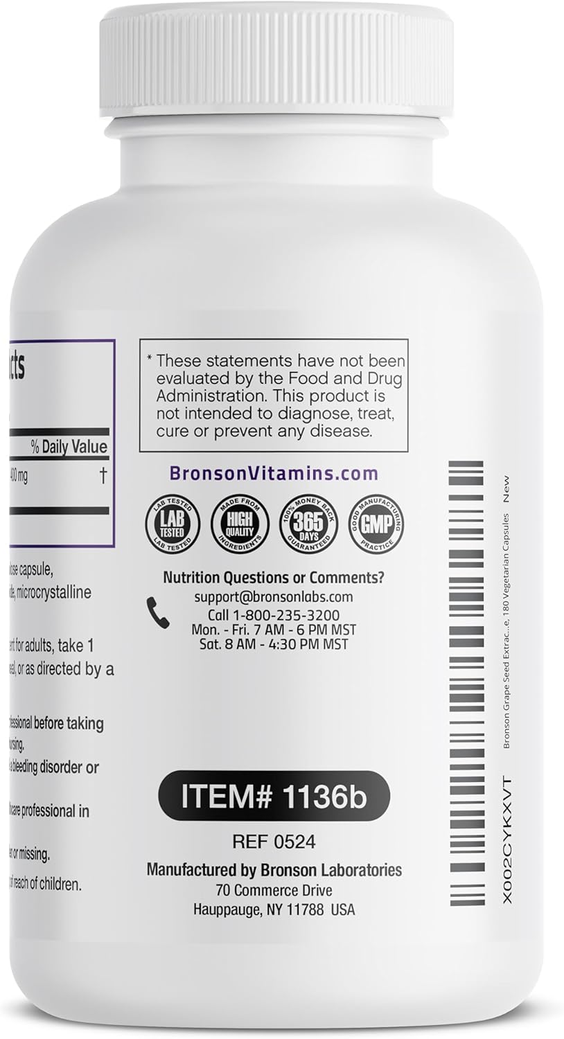 Bronson Grape Seed Extract 400 mg - High Antioxidant & Immune Boost - 95% Proanthocyanidins - Non GMO, 180 Veg Caps