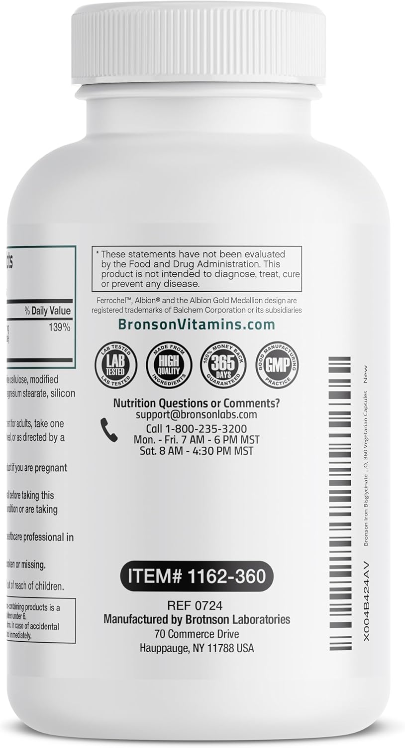 Bronson Iron Bisglycinate 25 mg: Gentle on Stomach, Supports Energy & Red Blood Cell Production - Non-Constipating, Non GMO - 360 Capsules