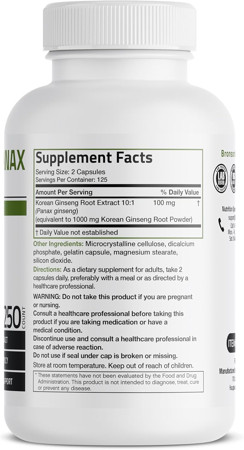 Bronson Korean Panax Ginseng Capsules Boost Energy, Endurance, Vitality, Memory, and Mental Performance - 250 Count
