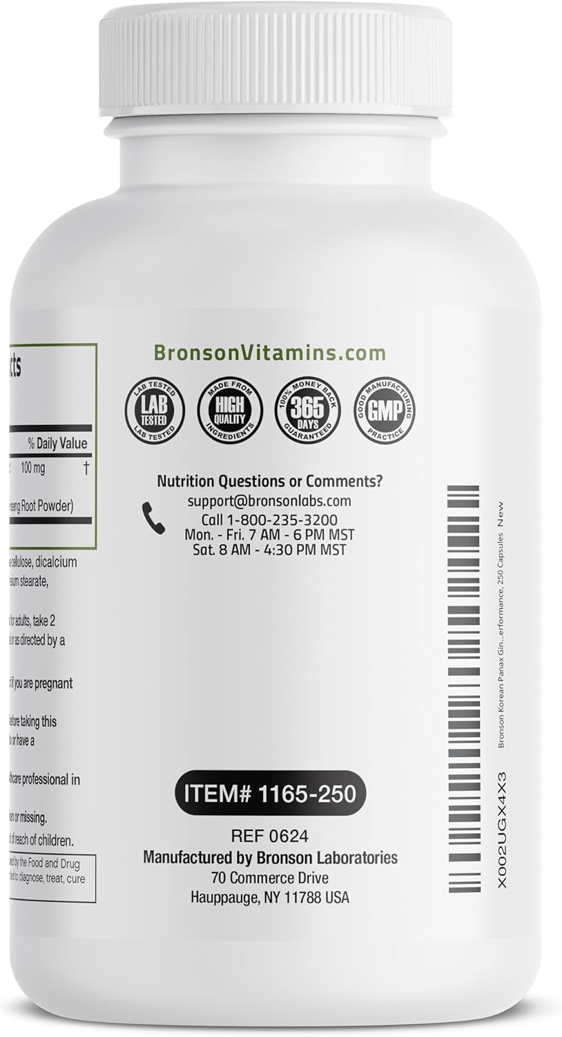 Bronson Korean Panax Ginseng Capsules Boost Energy, Endurance, Vitality, Memory, and Mental Performance - 250 Count