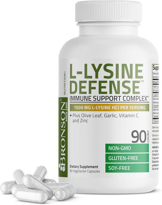 Bronson L-Lysine Defense Complex - Immune Support Supplement with Olive Leaf, Garlic, Vitamin C, Zinc - Non-GMO, 90 Capsules