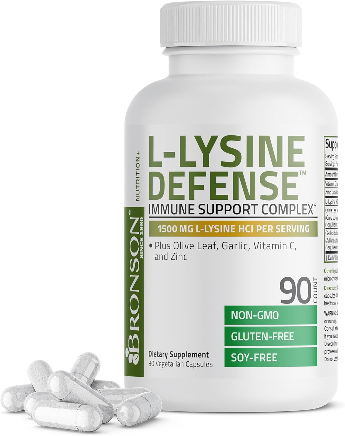 Bronson L-Lysine Defense Complex - Immune Support Supplement with Olive Leaf, Garlic, Vitamin C, Zinc - Non-GMO, 90 Capsules