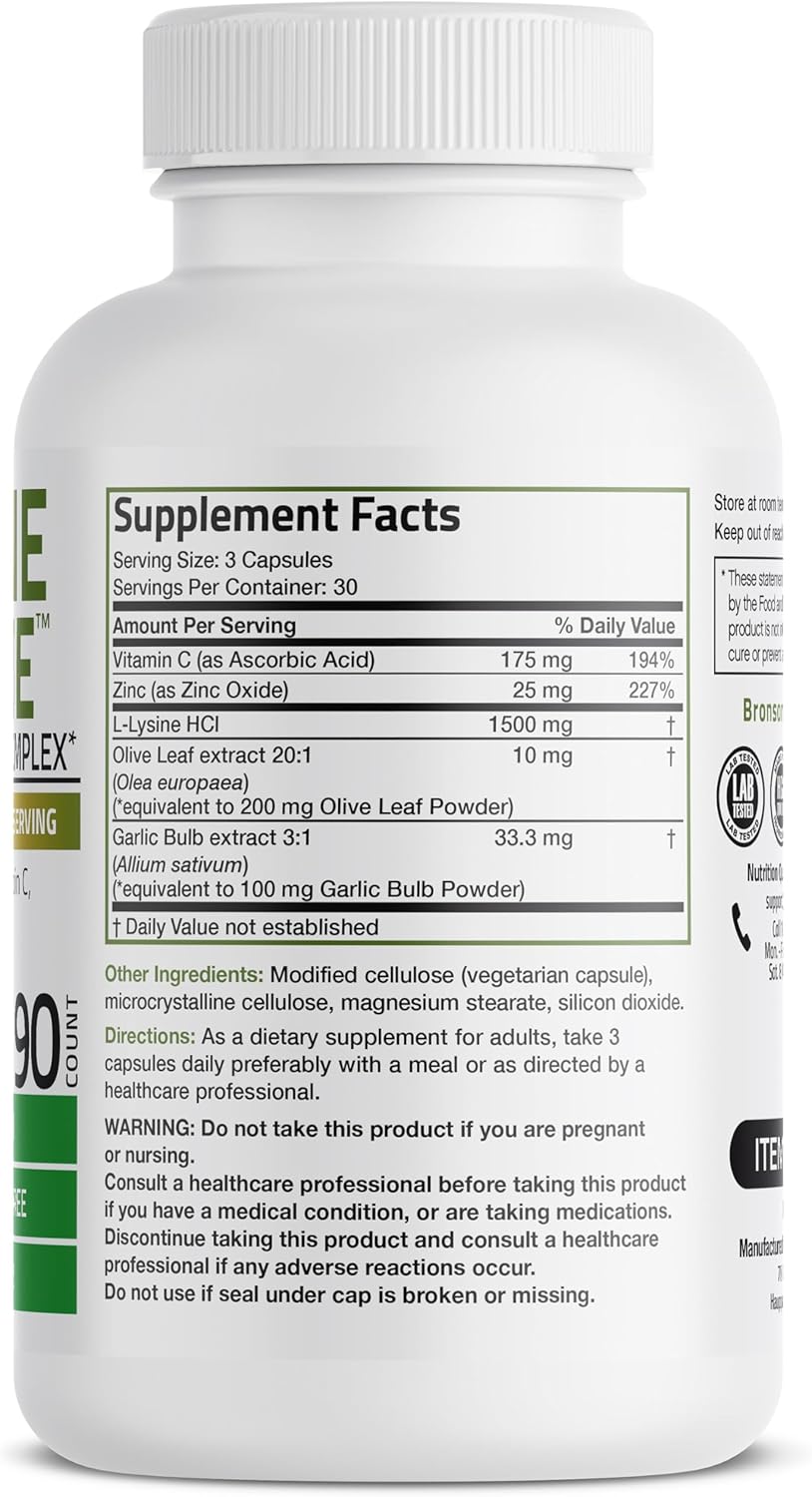Bronson L-Lysine Defense Complex - Immune Support Supplement with Olive Leaf, Garlic, Vitamin C, Zinc - Non-GMO, 90 Capsules