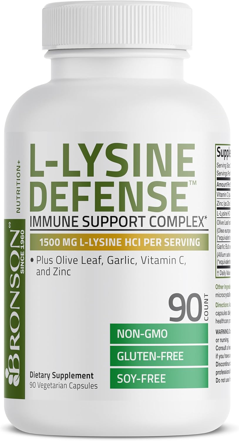 Bronson L-Lysine Defense Complex - Immune Support Supplement with Olive Leaf, Garlic, Vitamin C, Zinc - Non-GMO, 90 Capsules