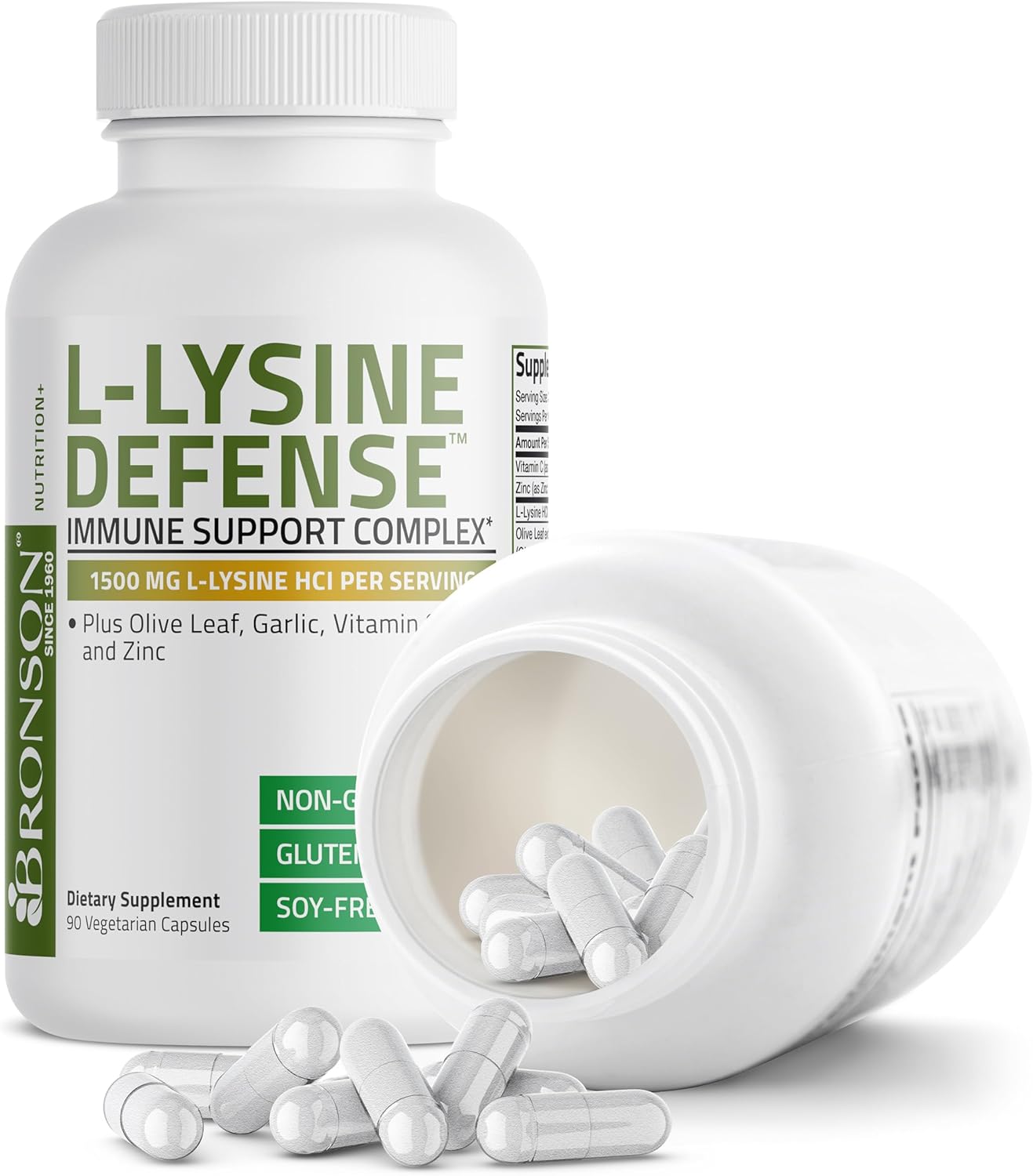 Bronson L-Lysine Defense Complex - Immune Support Supplement with Olive Leaf, Garlic, Vitamin C, Zinc - Non-GMO, 90 Capsules