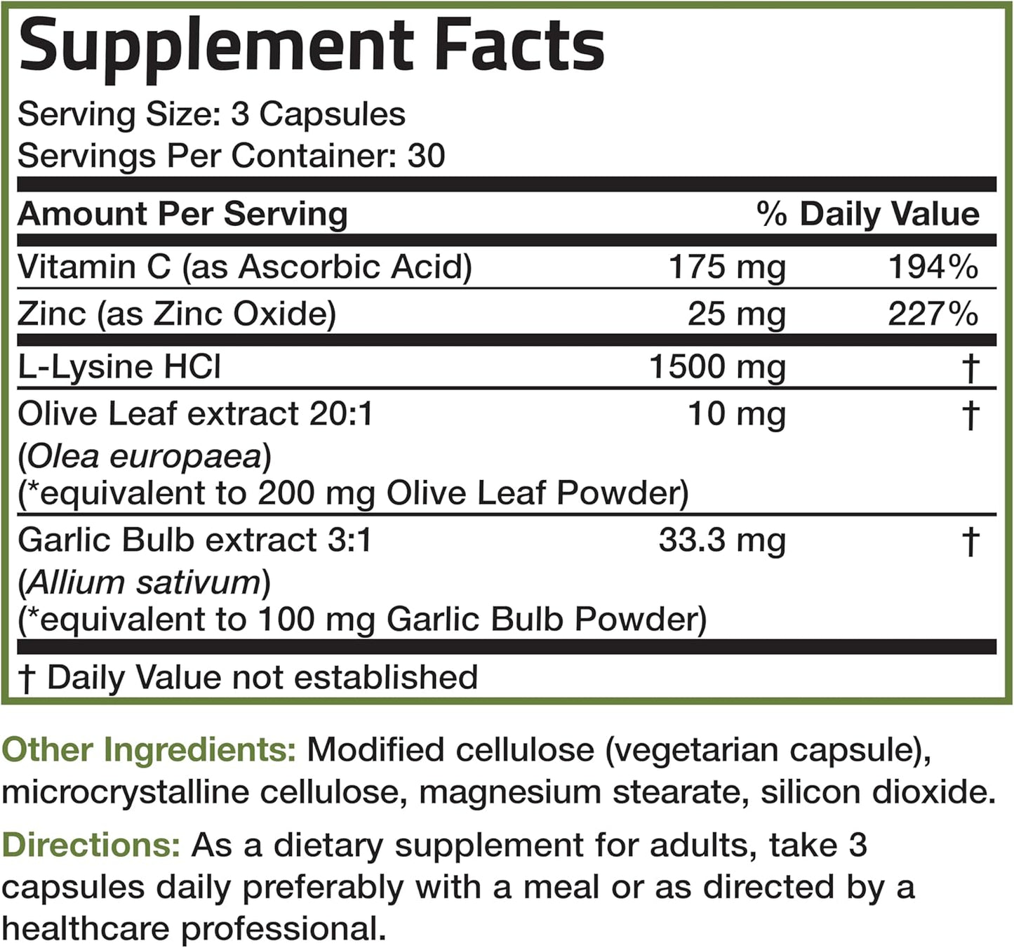 Bronson L-Lysine Defense Complex - Immune Support Supplement with Olive Leaf, Garlic, Vitamin C, Zinc - Non-GMO, 90 Capsules