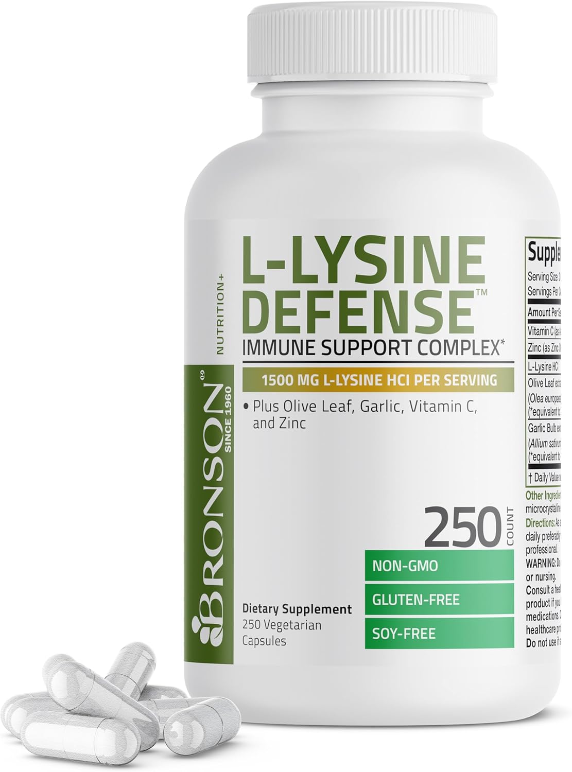 Bronson L-Lysine Defense Immune Support Complex - 1500 MG with Olive Leaf, Garlic, Vitamin C, Zinc - Non-GMO, 250 Capsules