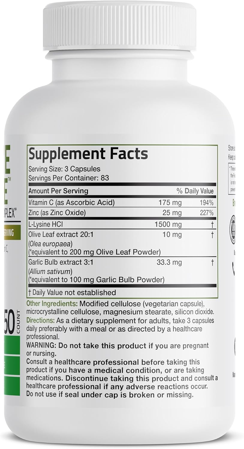 Bronson L-Lysine Defense Immune Support Complex - 1500 MG with Olive Leaf, Garlic, Vitamin C, Zinc - Non-GMO, 250 Capsules