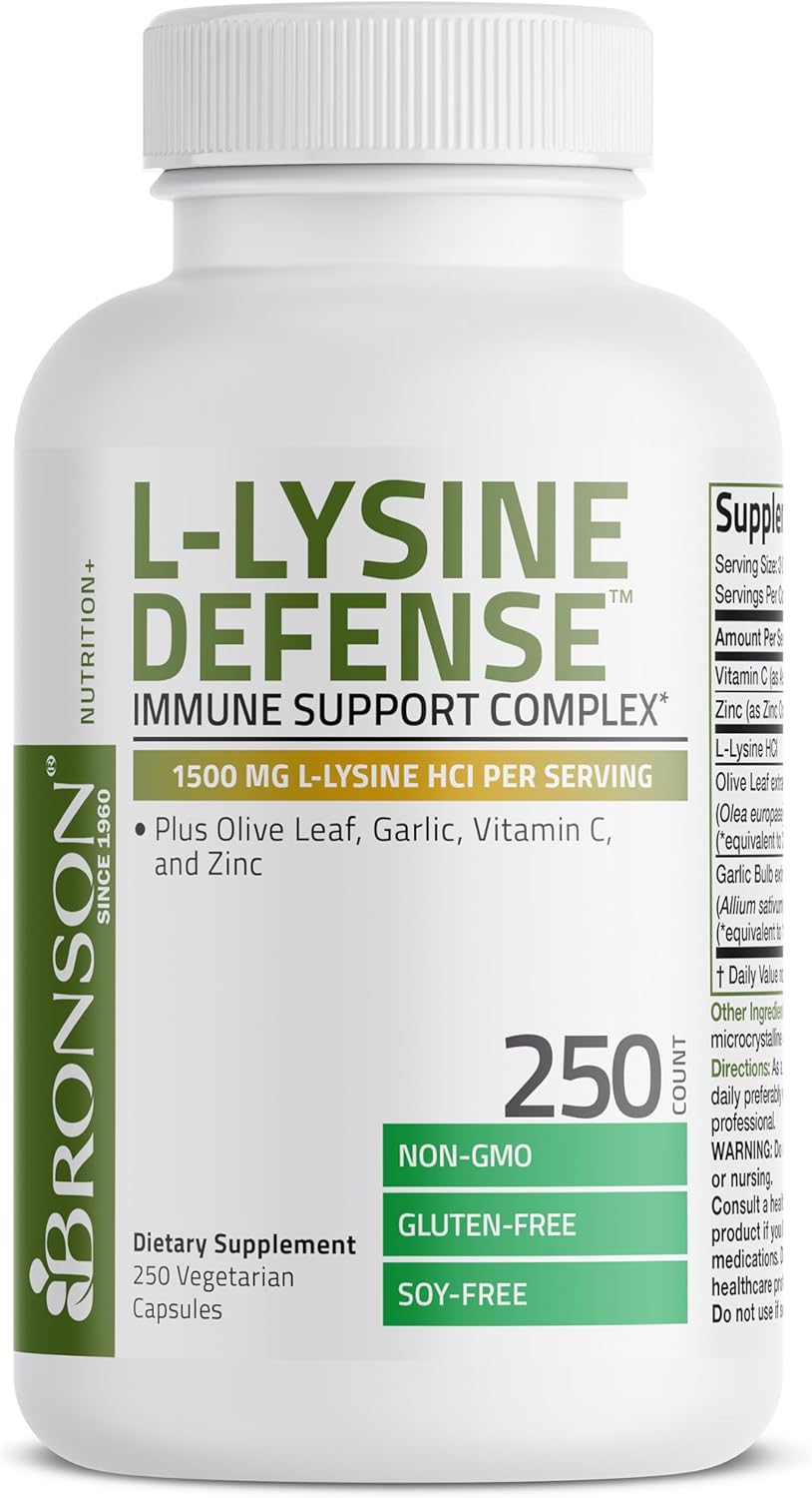 Bronson L-Lysine Defense Immune Support Complex - 1500 MG with Olive Leaf, Garlic, Vitamin C, Zinc - Non-GMO, 250 Capsules
