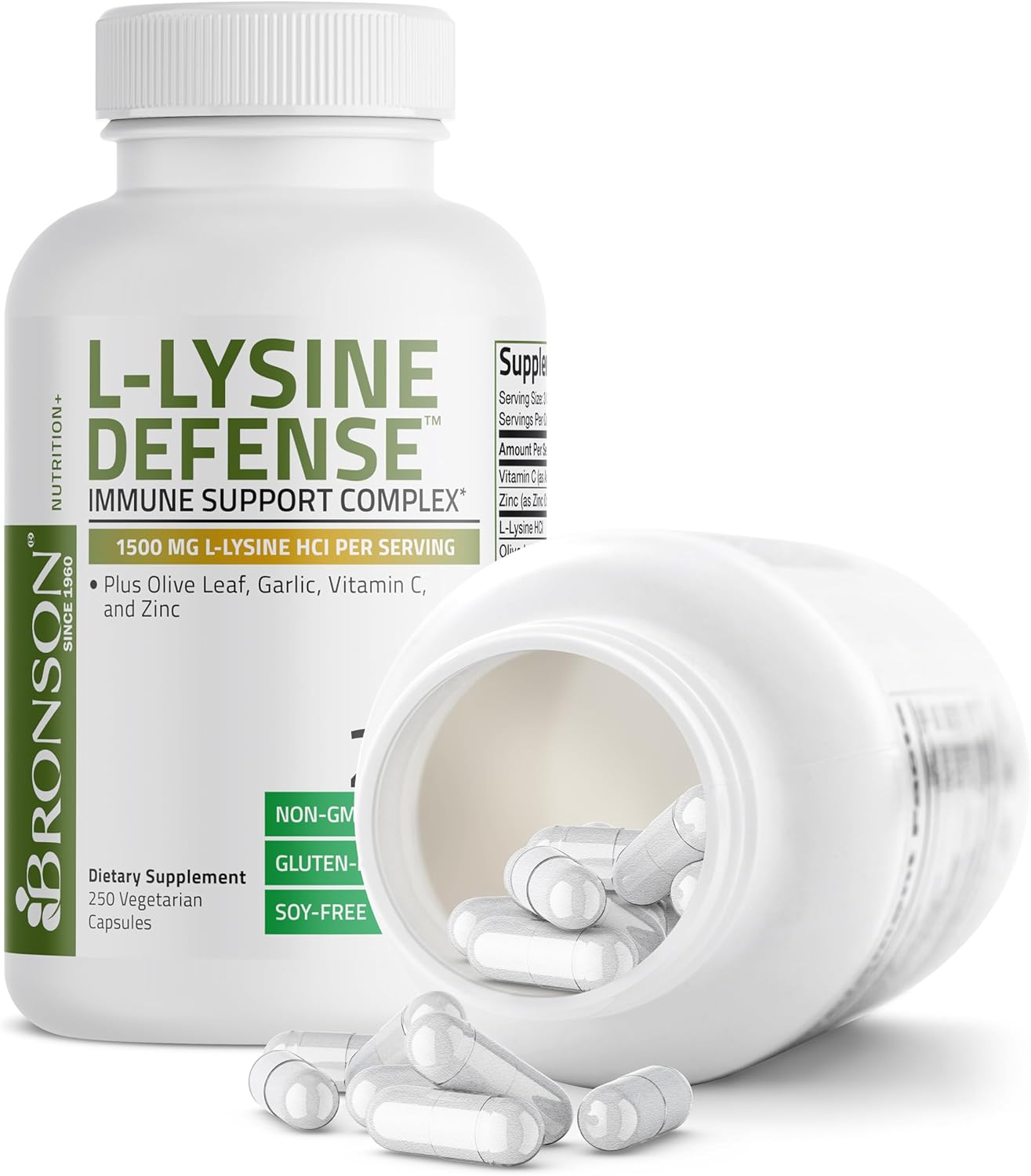 Bronson L-Lysine Defense Immune Support Complex - 1500 MG with Olive Leaf, Garlic, Vitamin C, Zinc - Non-GMO, 250 Capsules
