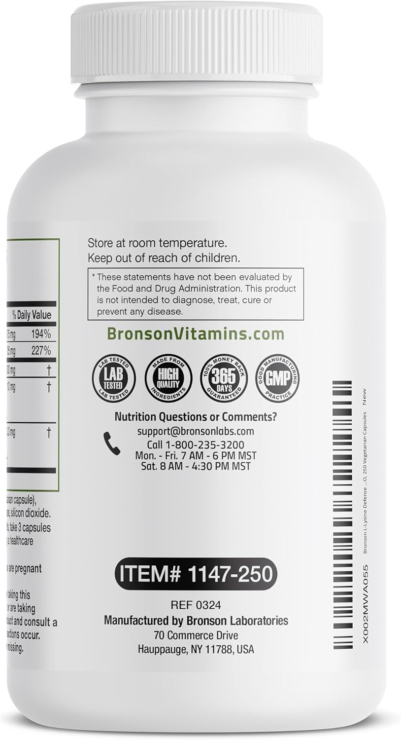 Bronson L-Lysine Defense Immune Support Complex - 1500 MG with Olive Leaf, Garlic, Vitamin C, Zinc - Non-GMO, 250 Capsules