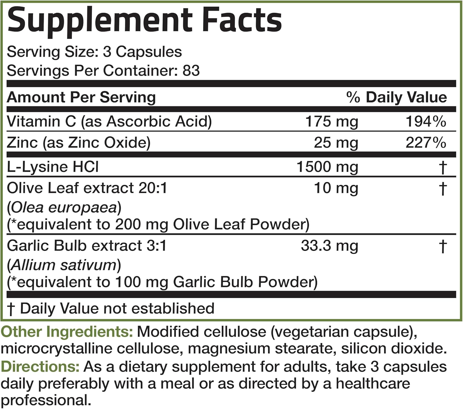 Bronson L-Lysine Defense Immune Support Complex - 1500 MG with Olive Leaf, Garlic, Vitamin C, Zinc - Non-GMO, 250 Capsules