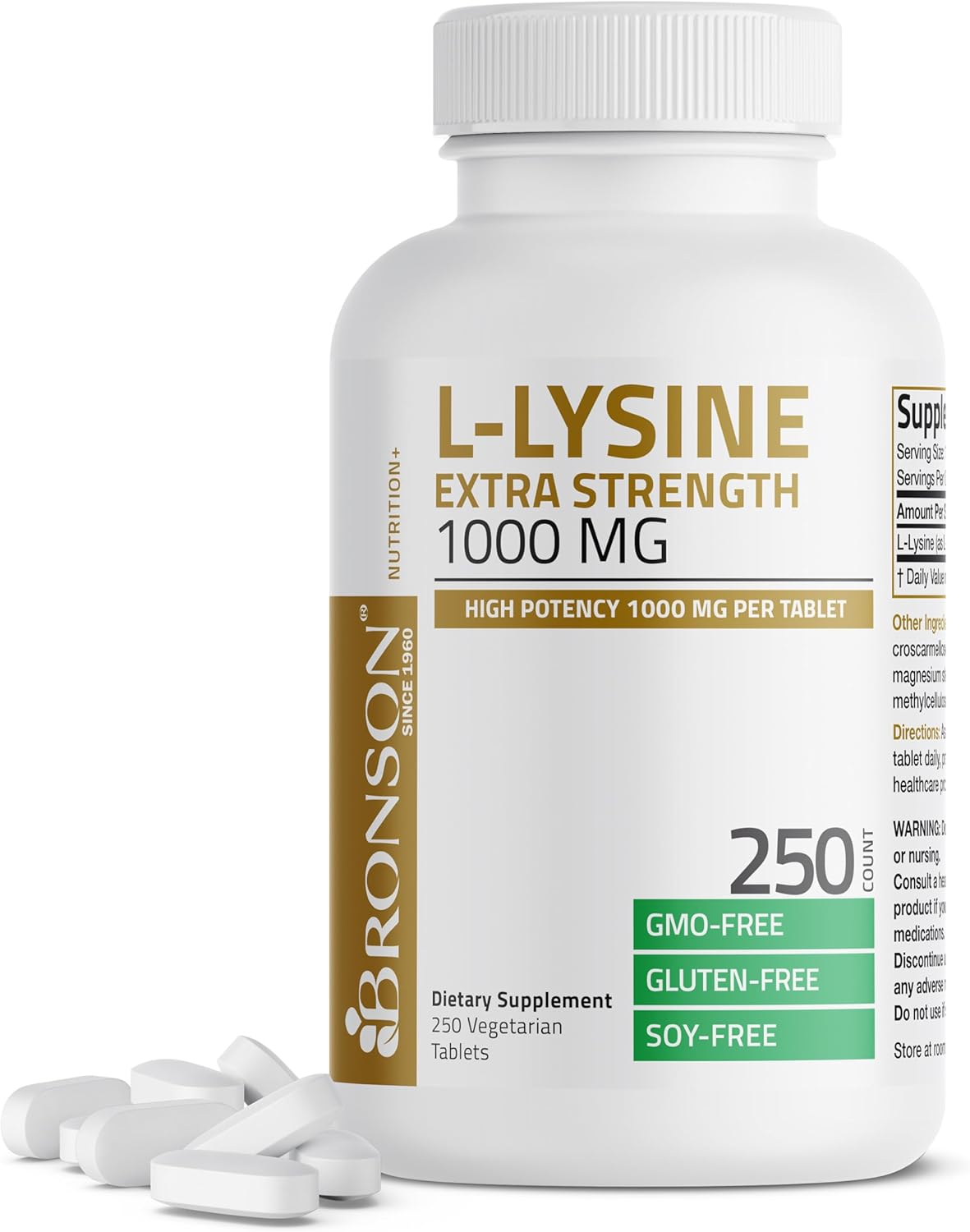 Bronson L-Lysine Extra Strength 1000 MG - Immune & Collagen Support, Non-GMO, 250 Vegetarian Tablets