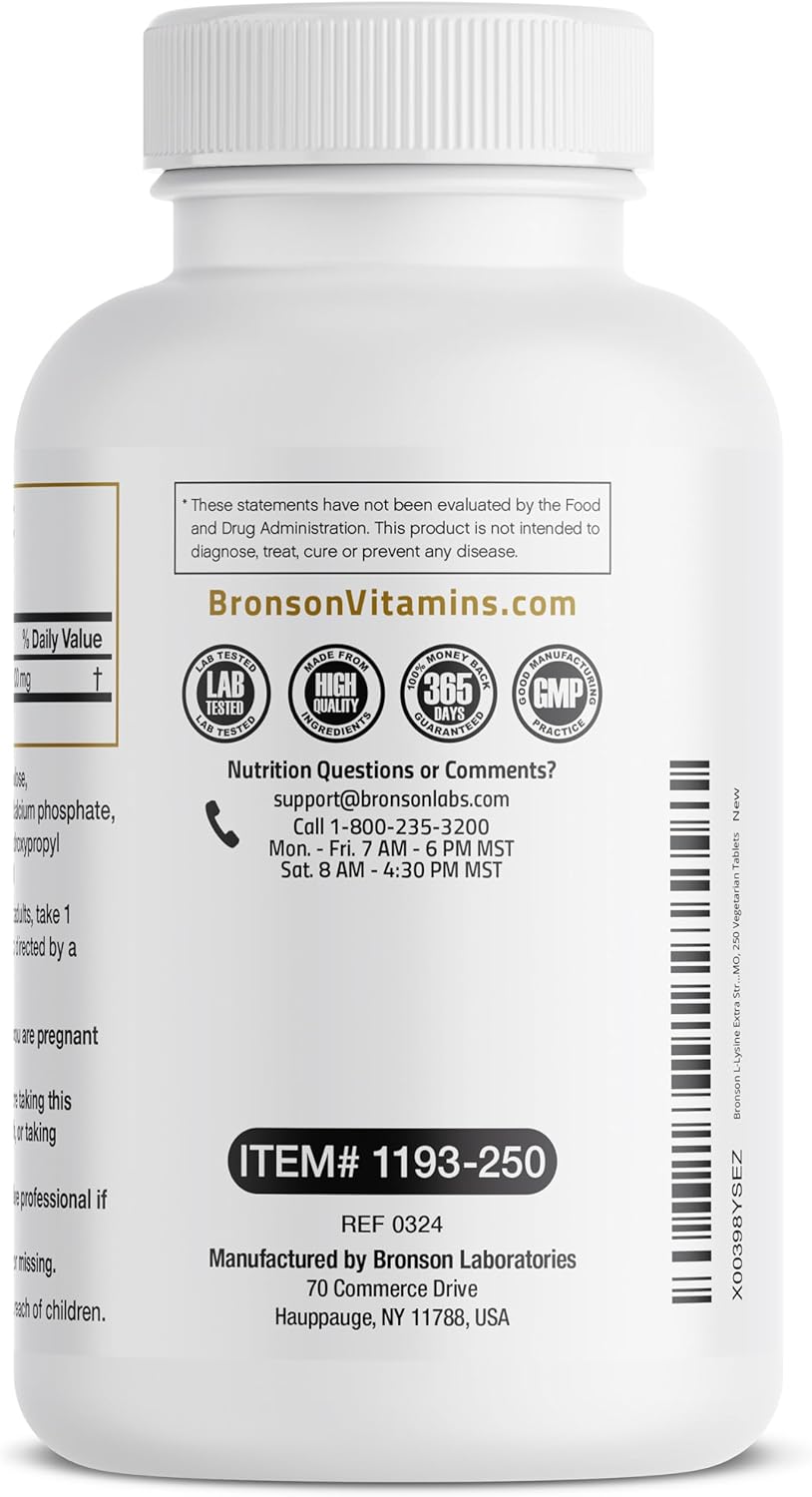 Bronson L-Lysine Extra Strength 1000 MG - Immune & Collagen Support, Non-GMO, 250 Vegetarian Tablets