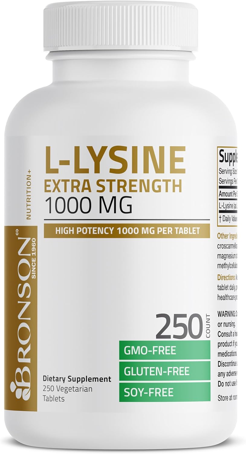 Bronson L-Lysine Extra Strength 1000 MG - Immune & Collagen Support, Non-GMO, 250 Vegetarian Tablets