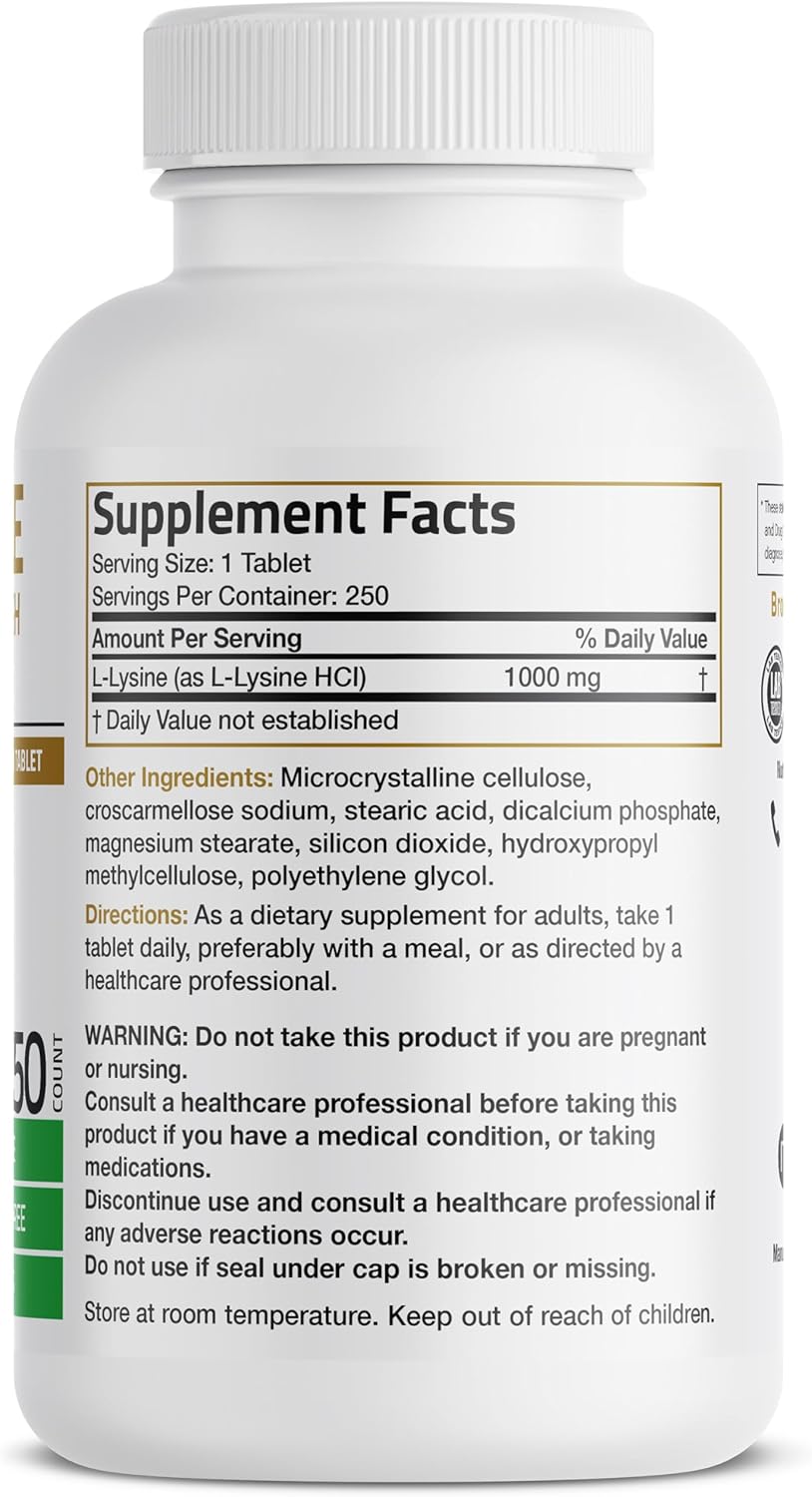 Bronson L-Lysine Extra Strength 1000 MG - Immune & Collagen Support, Non-GMO, 250 Vegetarian Tablets