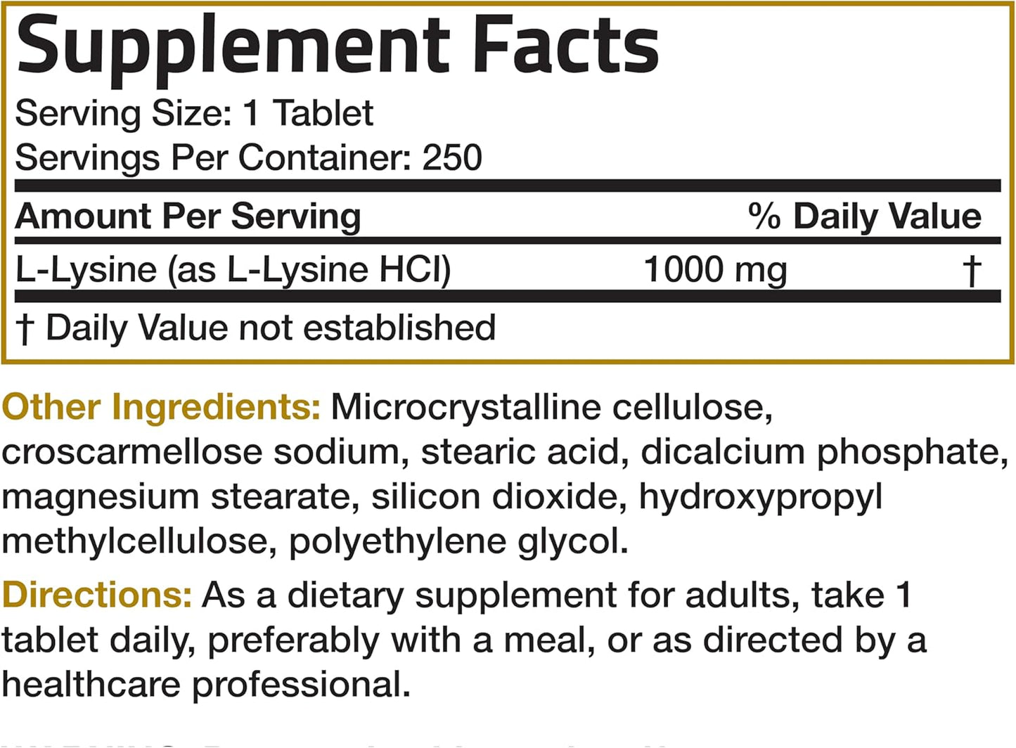 Bronson L-Lysine Extra Strength 1000 MG - Immune & Collagen Support, Non-GMO, 250 Vegetarian Tablets