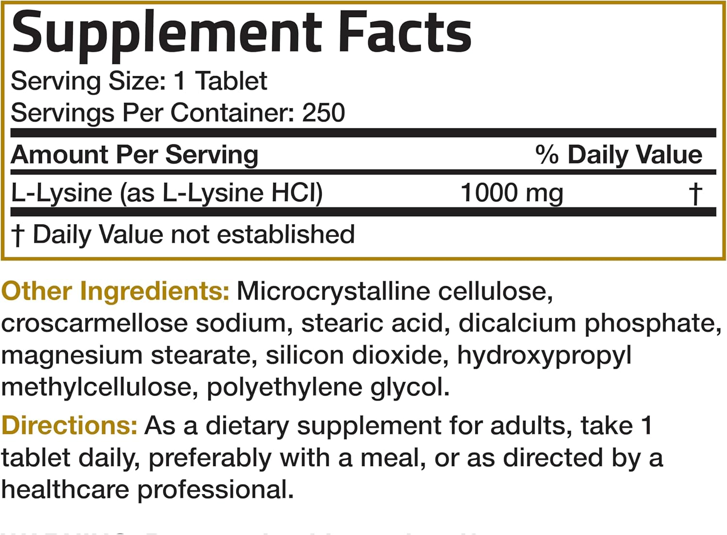 Bronson L-Lysine Extra Strength 1000 MG - Immune & Collagen Support, Non-GMO, 250 Vegetarian Tablets
