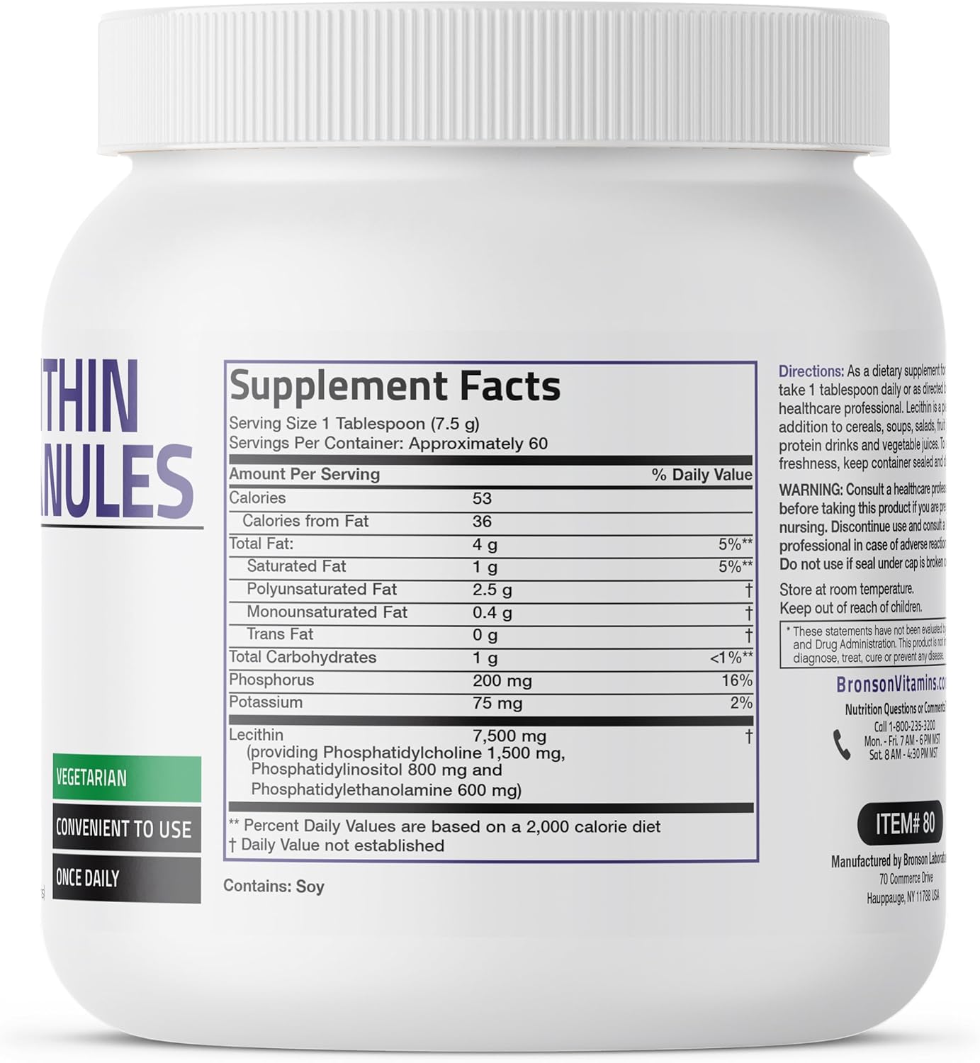 Bronson Lecithin Granules Powder 7500 MG - 1 lb (454g) - Non-GMO & Soy-Free