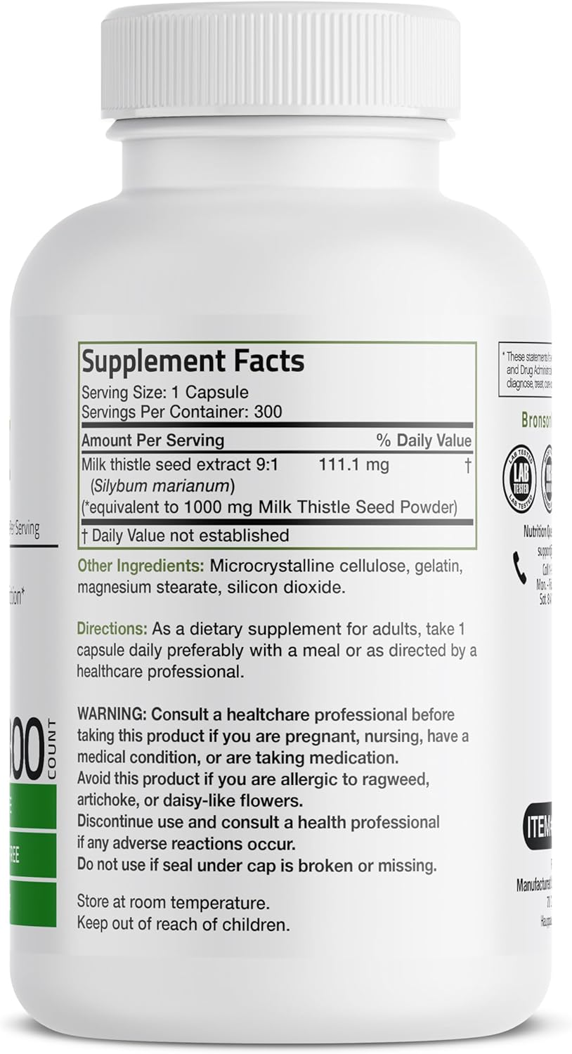 Bronson Milk Thistle Capsules - 1000 MG Silybum Marianum Antioxidant for Liver Health - Non-GMO, 300 Count