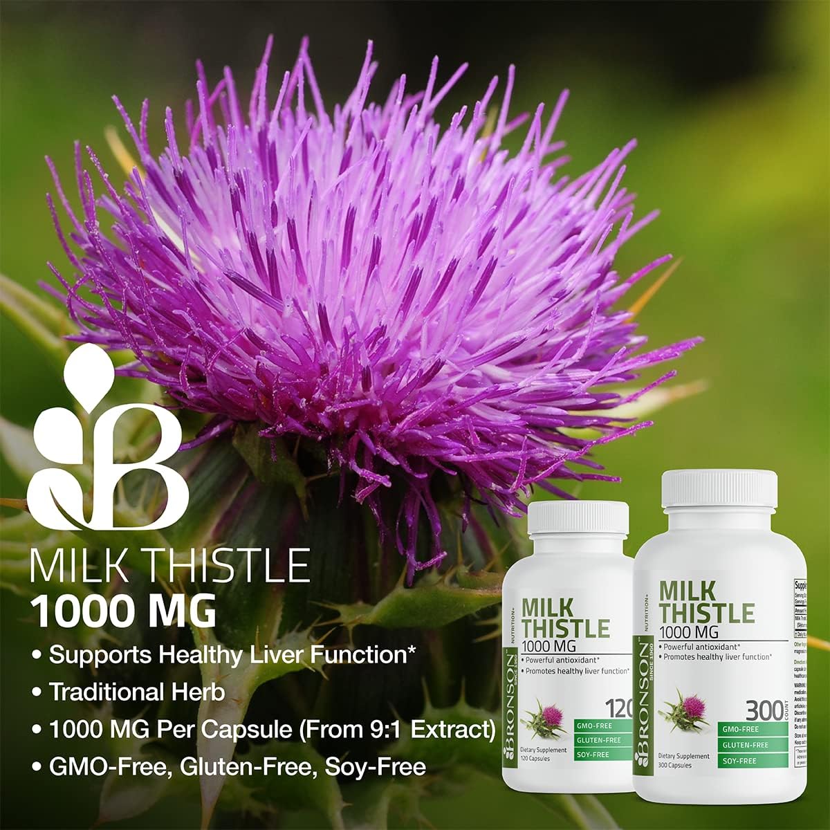 Bronson Milk Thistle Capsules - 1000 MG Silybum Marianum Antioxidant for Liver Health - Non-GMO, 300 Count