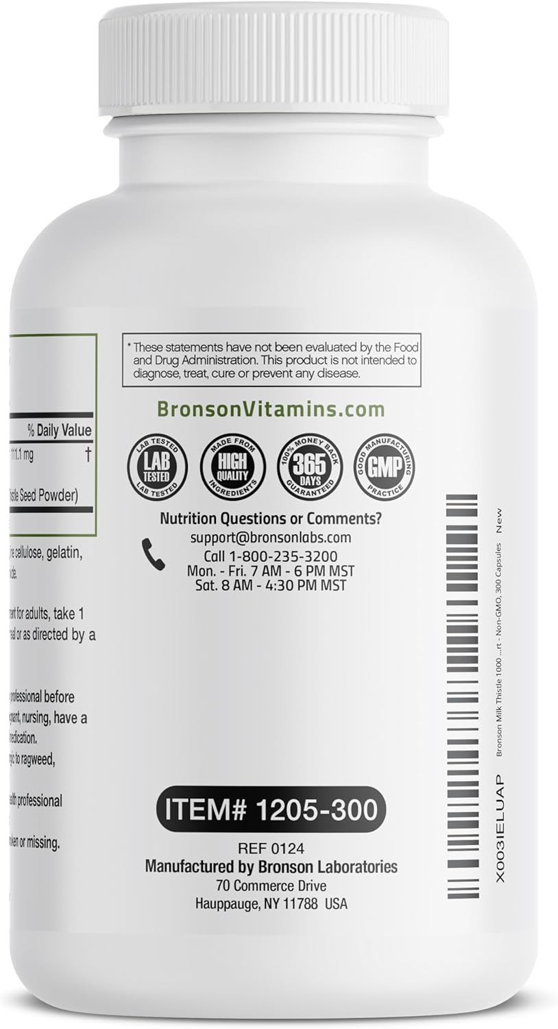 Bronson Milk Thistle Capsules - 1000 MG Silybum Marianum Antioxidant for Liver Health - Non-GMO, 300 Count