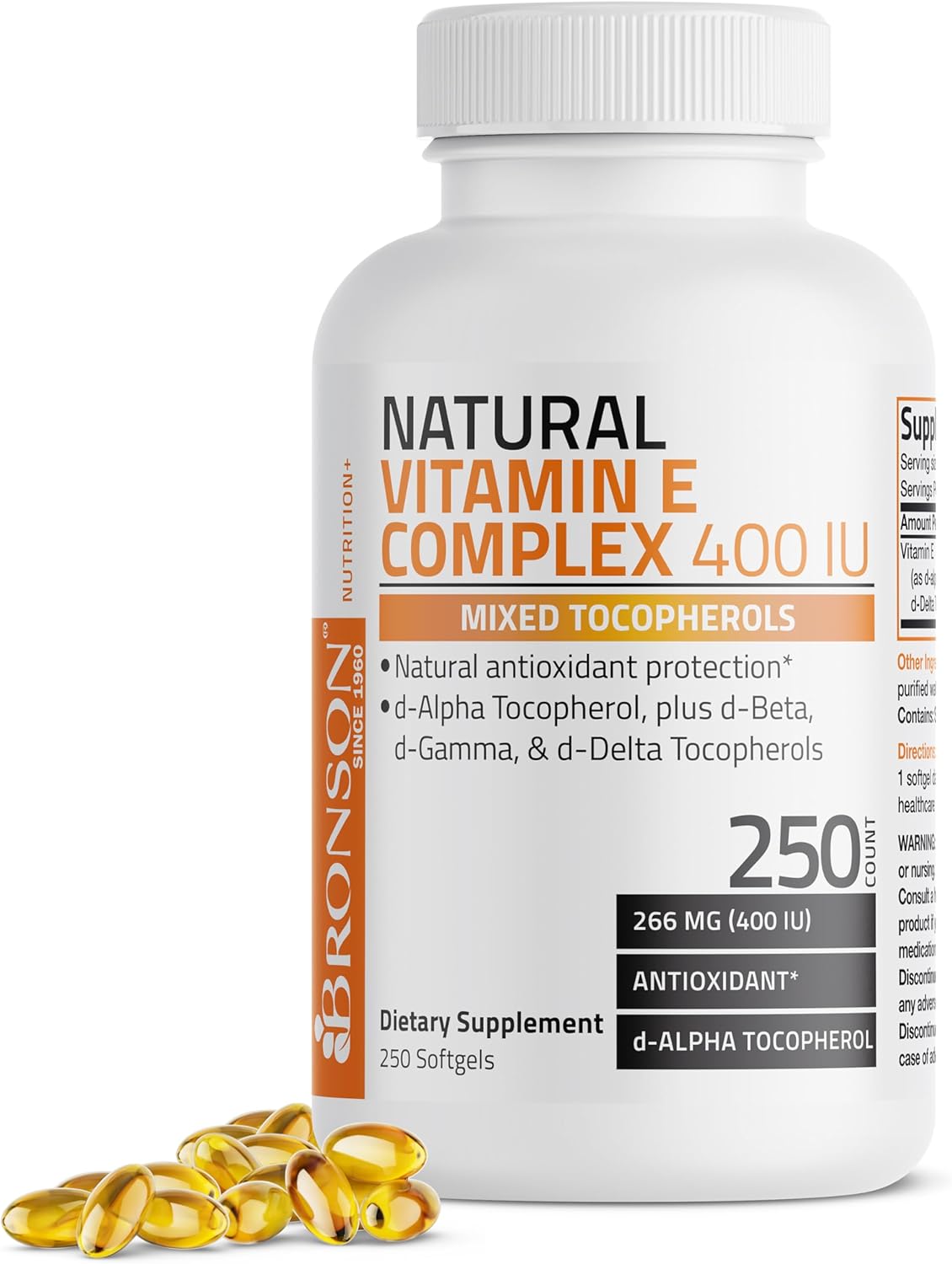 Bronson Natural Vitamin E Complex 400 I.U. Softgels - Antioxidant Supplement with d-Alpha Tocopherol and Other Tocopherols