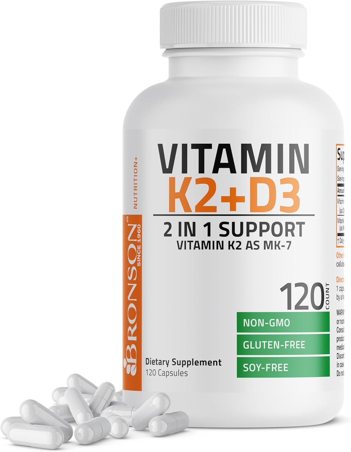 Bronson Non-GMO Vitamin D3 & K2 MK-7 Supplement, 5000 IU D3 & 90 mcg K2, 120 Capsules, Easy to Swallow Formula