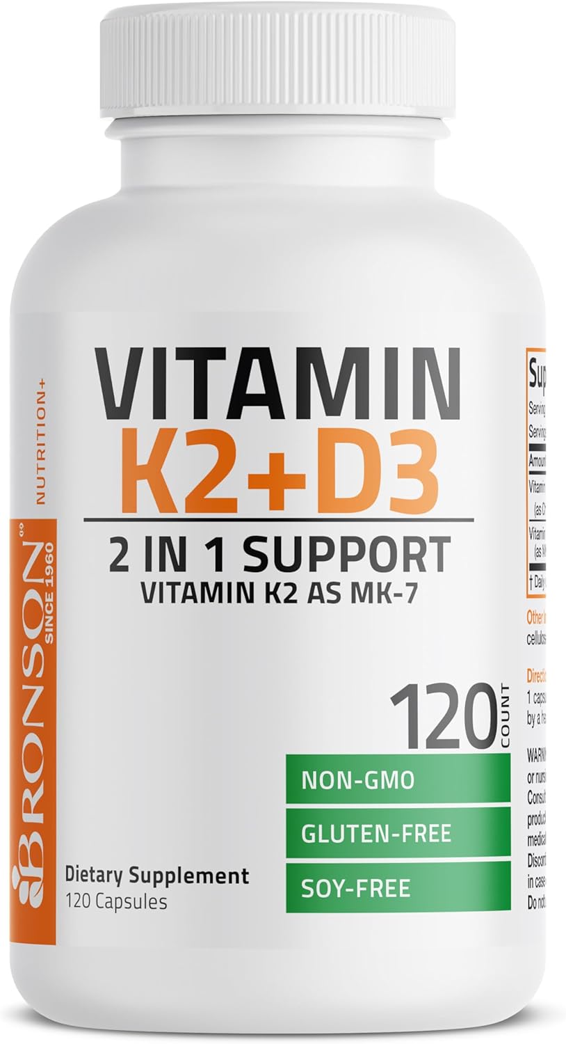 Bronson Non-GMO Vitamin D3 & K2 MK-7 Supplement, 5000 IU D3 & 90 mcg K2, 120 Capsules, Easy to Swallow Formula