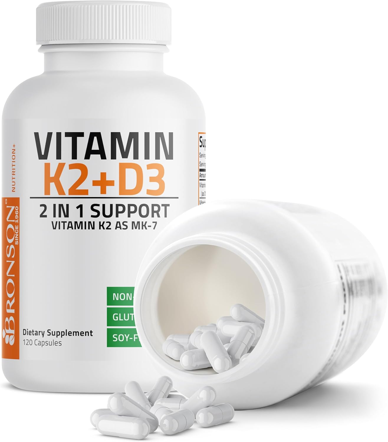 Bronson Non-GMO Vitamin D3 & K2 MK-7 Supplement, 5000 IU D3 & 90 mcg K2, 120 Capsules, Easy to Swallow Formula